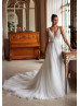 V Neck Beaded Ivory Lace Tulle Sparkling Wedding Dress